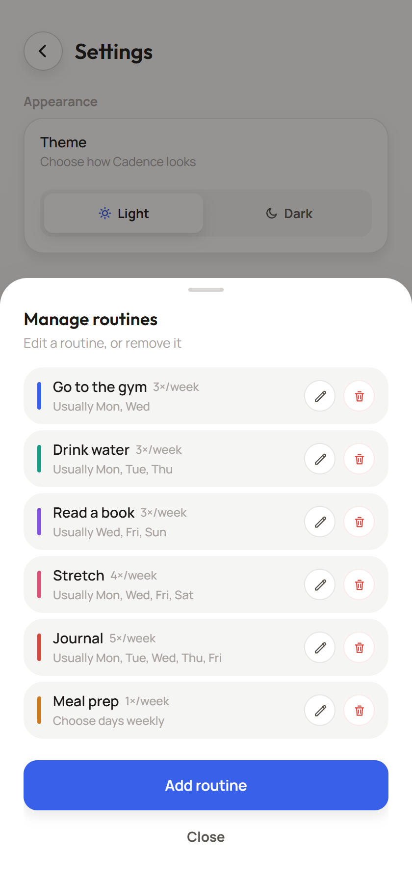 Manage routines sheet