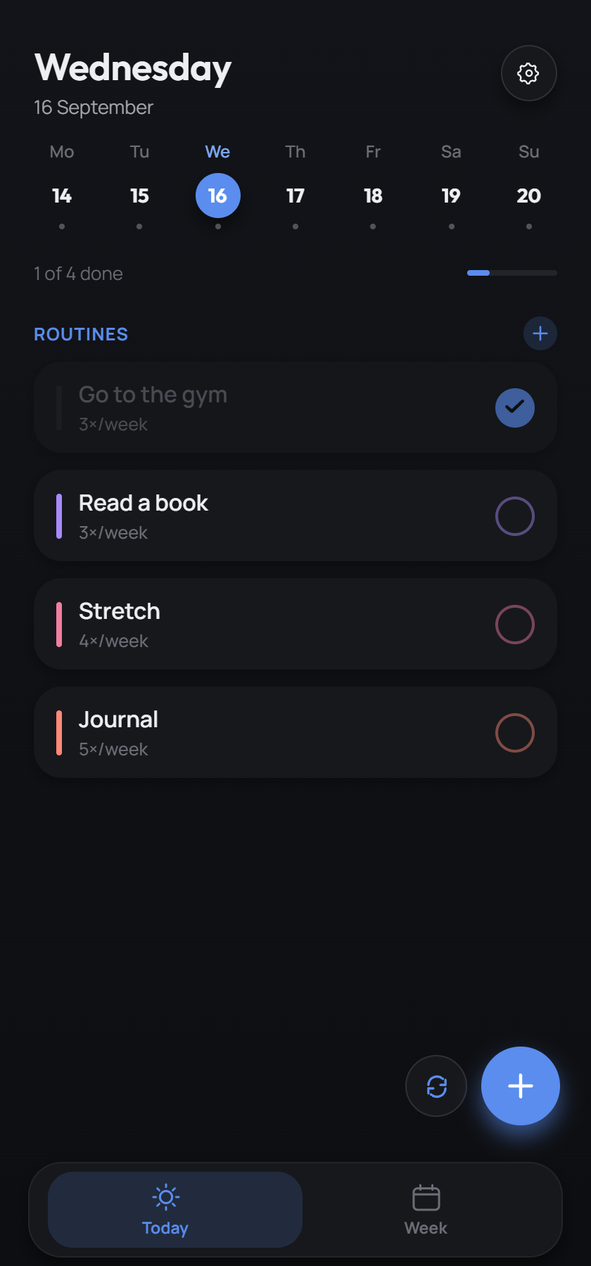 Win The Week app showing today's checklist, mostly checked off